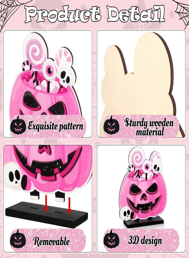 Blosssound 5 Pcs Halloween Table Signs Decor Happy Boo Day Wooden Sign Black and Pink Spooky Gnome Cat Pumpkin Ghost Witch Centerpieces for Halloween Indoor Home Table Party Decorations - Image 3